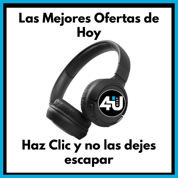 Banner publicitario con auriculares inalámbricos Bluethoot y texto: Las mejores ofertas de hoy en 4YouBest.com - Haz clic y no las dejes escapar